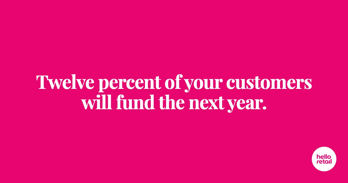 Cerise pink banner with white Playfair Display headline reading 'Twelve percent of your customers will fund the next year.'