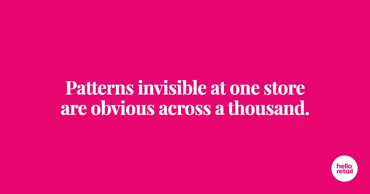Cerise pink banner with white Playfair Display headline reading 'Patterns invisible at one store are obvious across a thousand.'