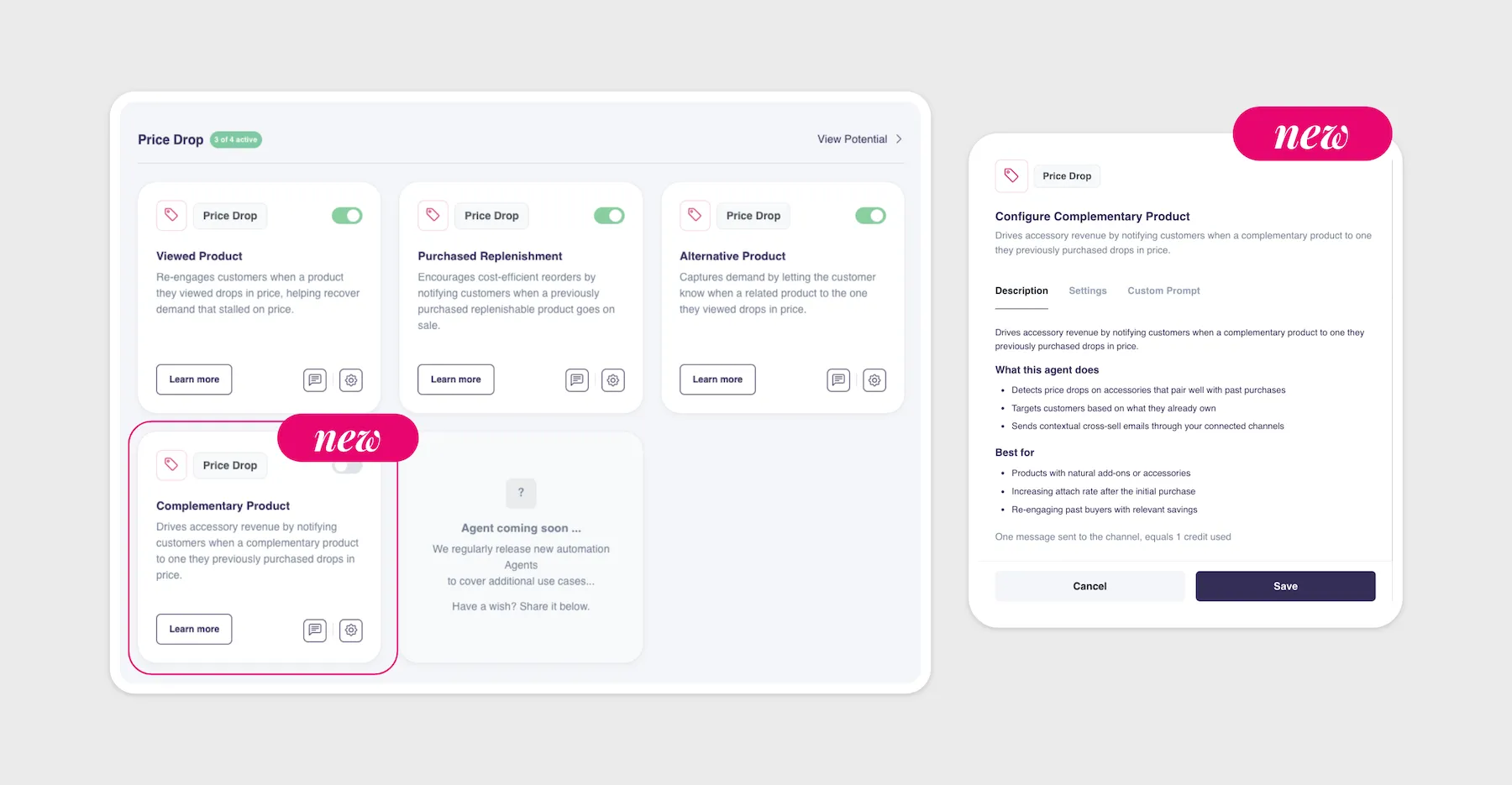 The Price Drop agent dashboard, showing the new Complementary Product agent alongside the Viewed Product, Purchased Replenishment, and Alternative Product agents, with the configuration panel open.