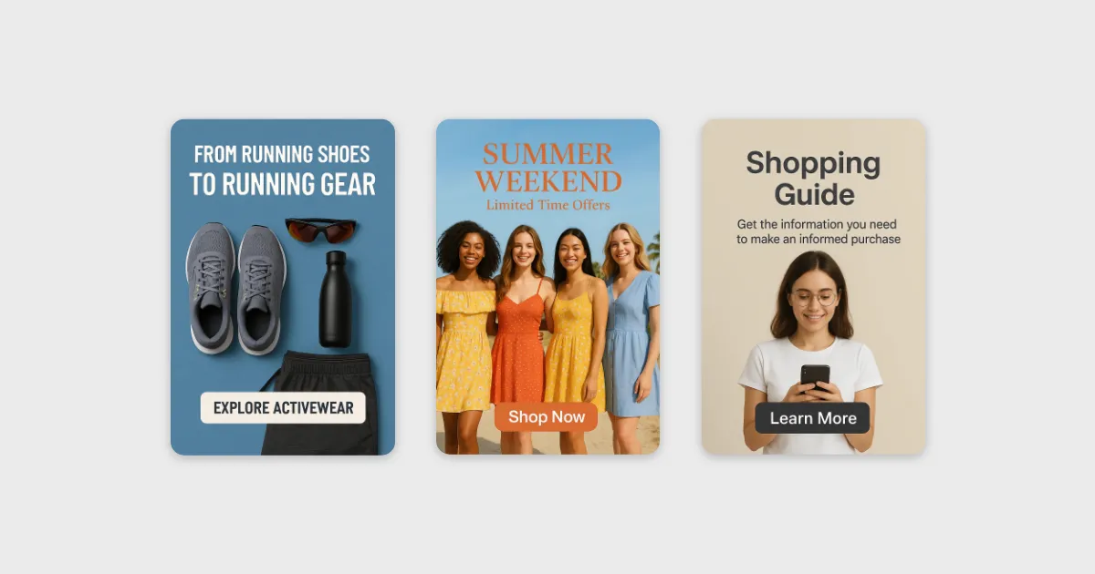 Three example retail media banners: an activewear promotion, a summer weekend sale, and a shopping guide