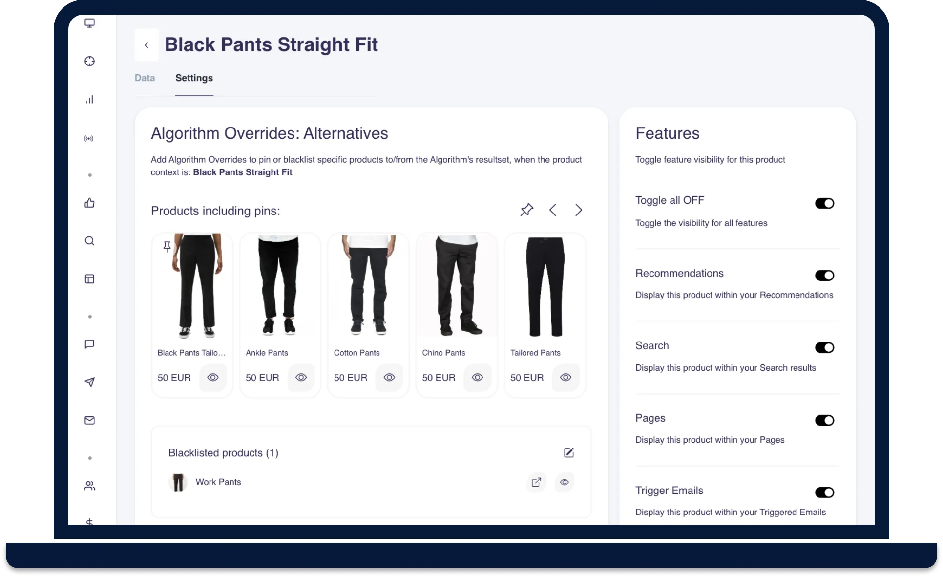 Product Settings for a selected item showing pinned products