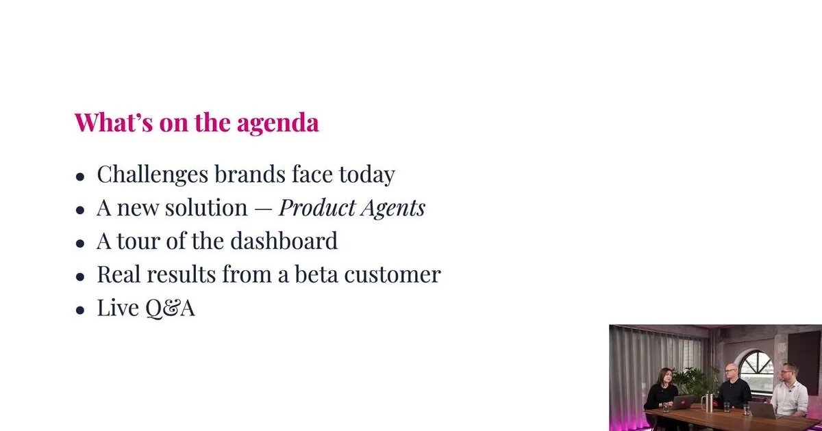 Hello Retail Product Agents launch webinar agenda slide with three presenters in the recording studio