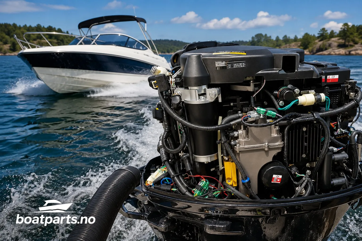 An outboard motor with its cover off, a boat passing behind, and the boatparts.no logo