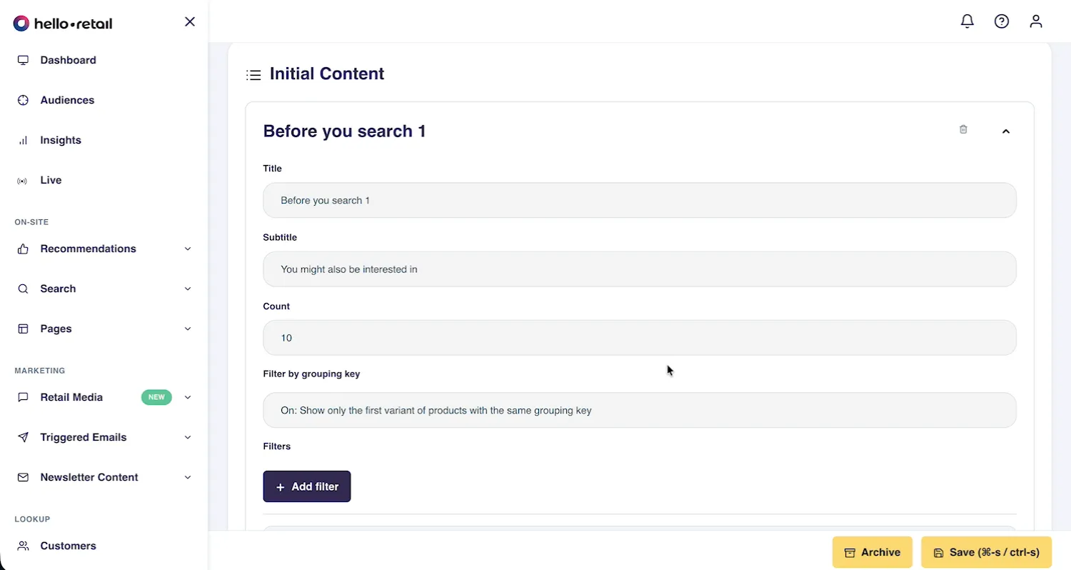 Initial Content configuration dashboard