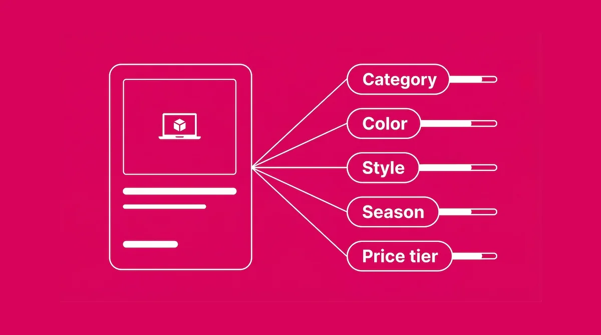 Product intelligence diagram: a product card connected to five AI-extracted attribute tags — category, color, style, season, and price tier