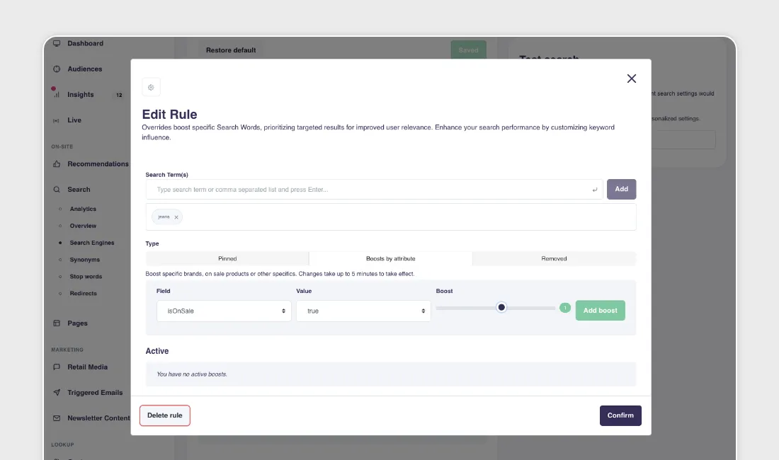 Search Word Boosts configuration showing boost rules for "jeans"