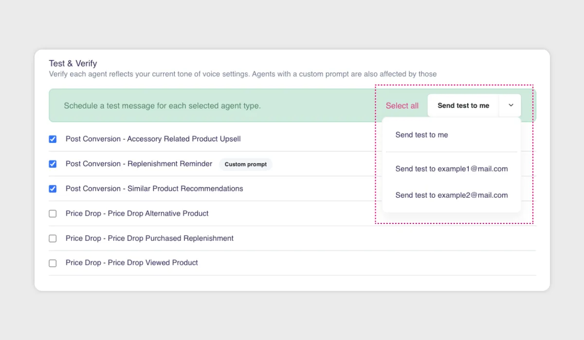 Send a test email from the Product Agents interface