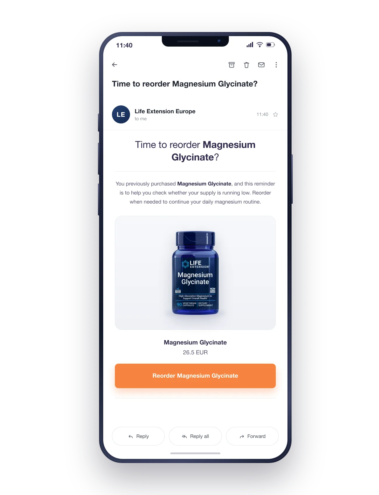 A phone showing a replenishment reminder from Life Extension Europe: time to reorder Magnesium Glycinate.