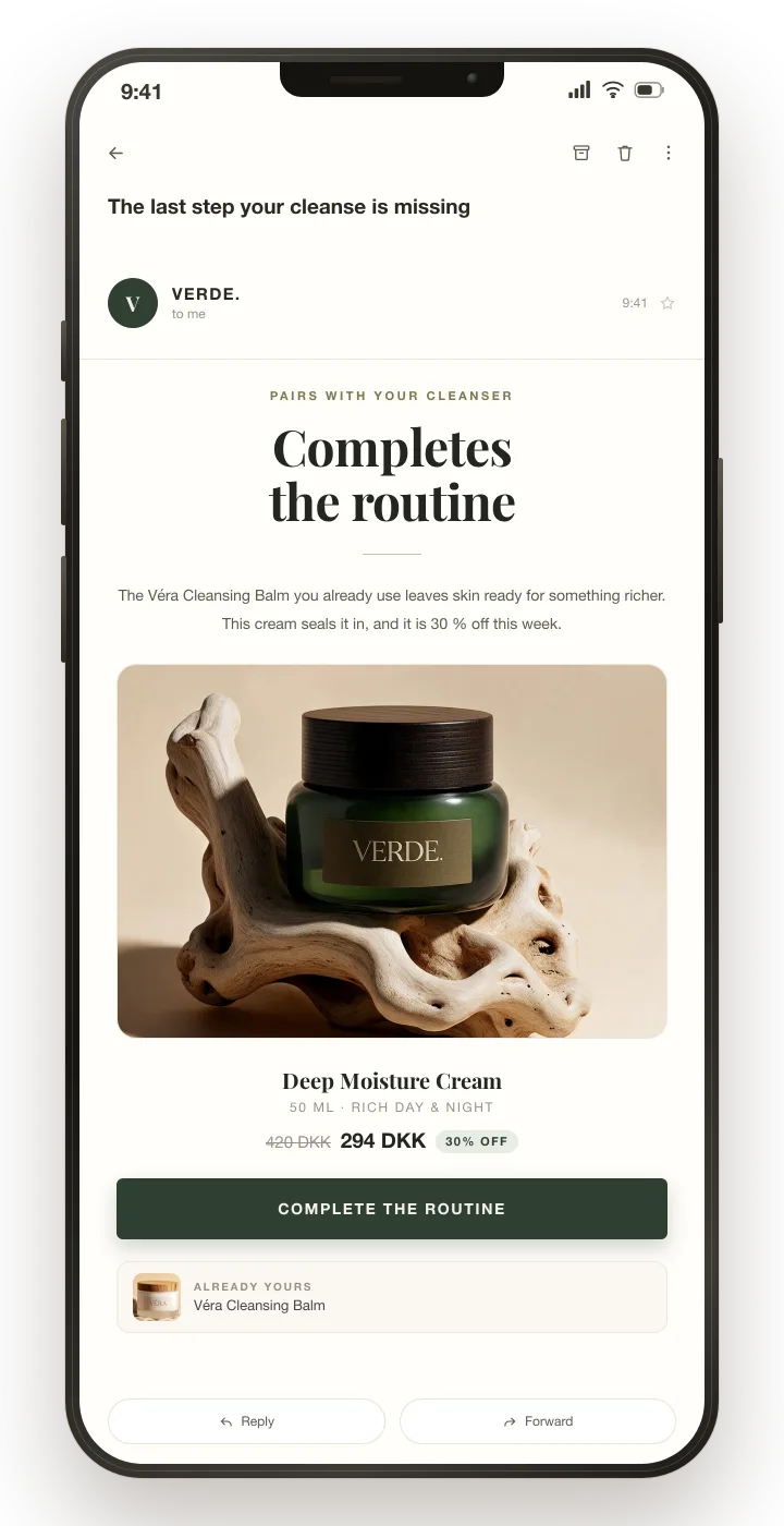 A phone showing the email: the last step in your routine is missing, headed "Completes the routine".