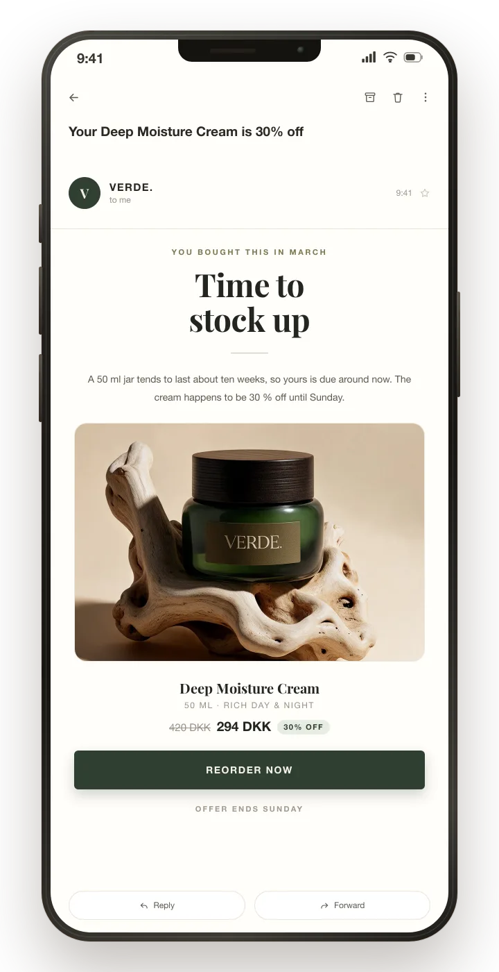 A phone showing the email: your Deep Moisture Cream is 30% off, headed "Time to stock up".