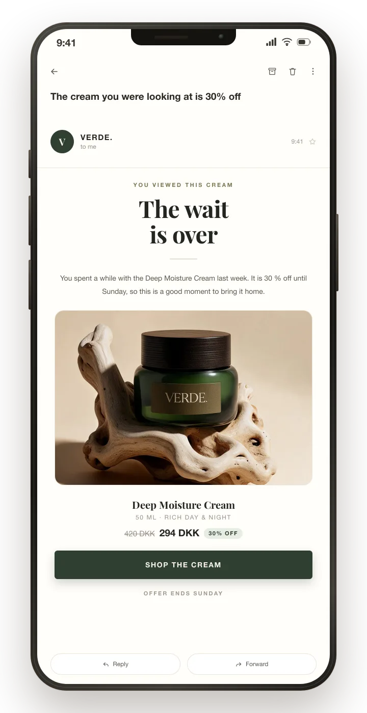 A phone showing the email: the cream you were looking at is 30% off, headed "The wait is over", with the Deep Moisture Cream at 294 DKK.