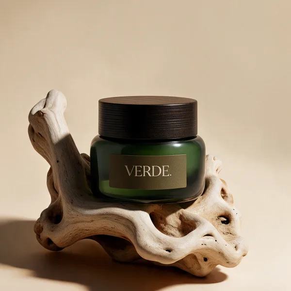 The VERDE Deep Moisture Cream, a dark green jar with a wooden lid.