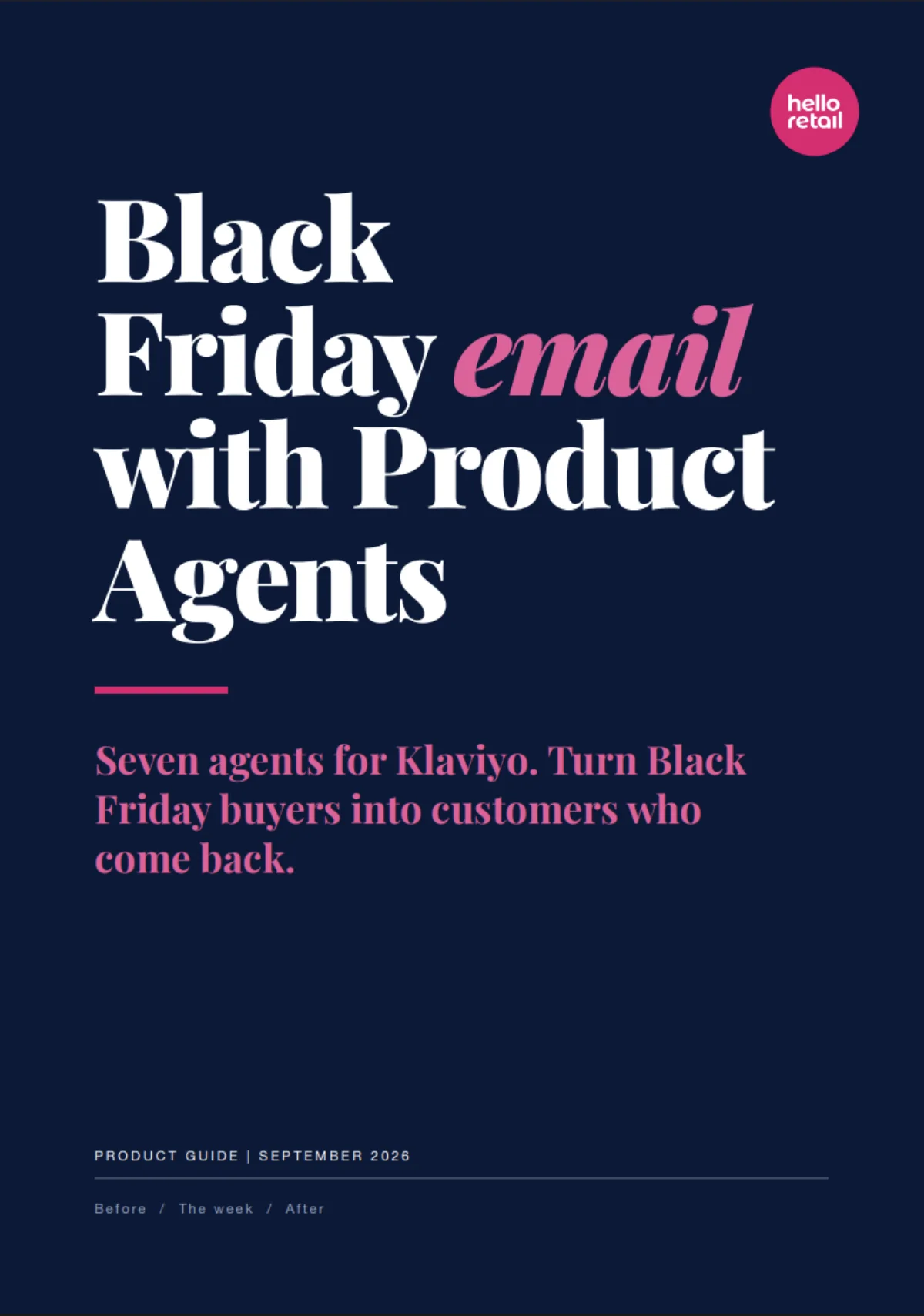 The playbook cover: Black Friday email with Product Agents. Seven agents for Klaviyo, turn Black Friday buyers into customers who come back.