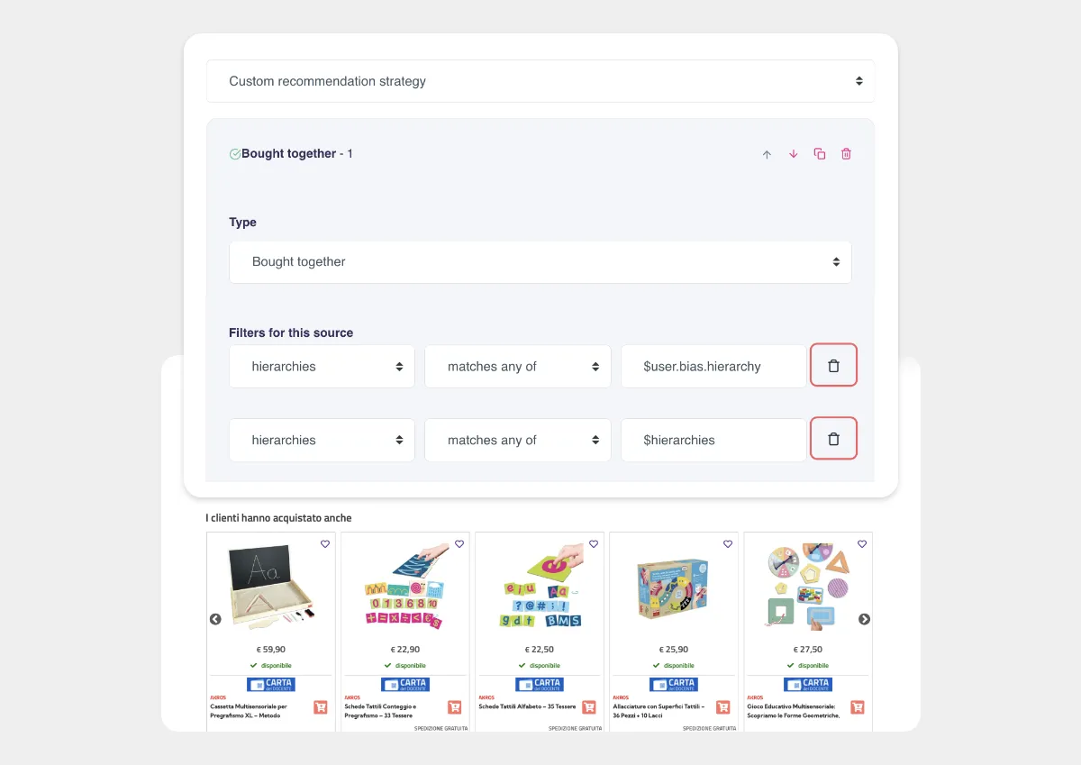 <keep>Hello Retail Recommendations</keep> op een productpagina van Giodicart, met de personalisatieconfiguratie erachter