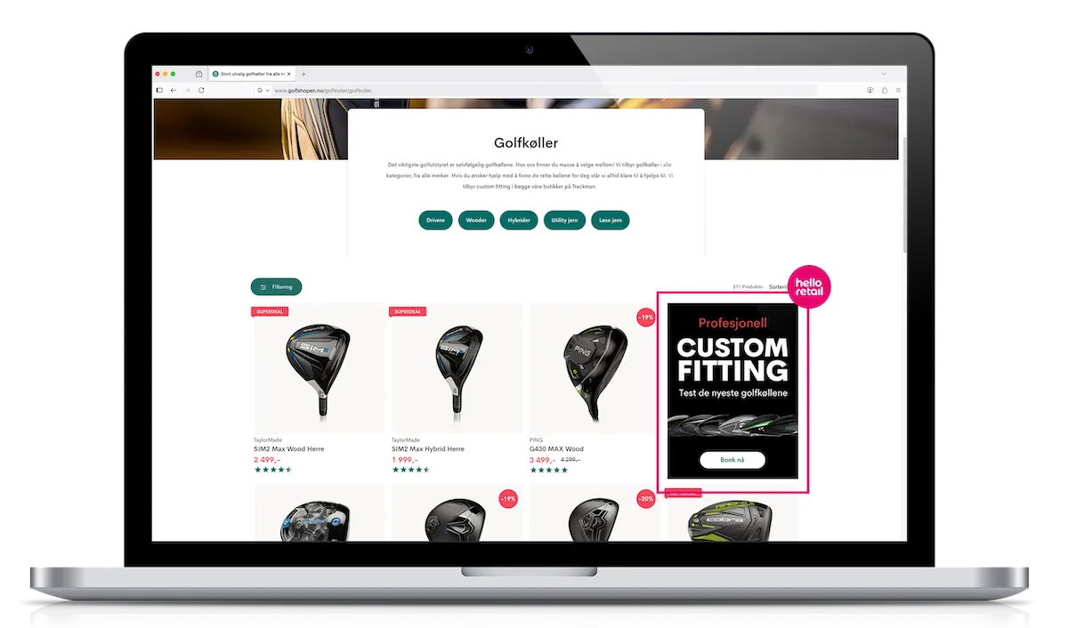 Hello Retail Category Page featuring a Banner on Golfshopen.no