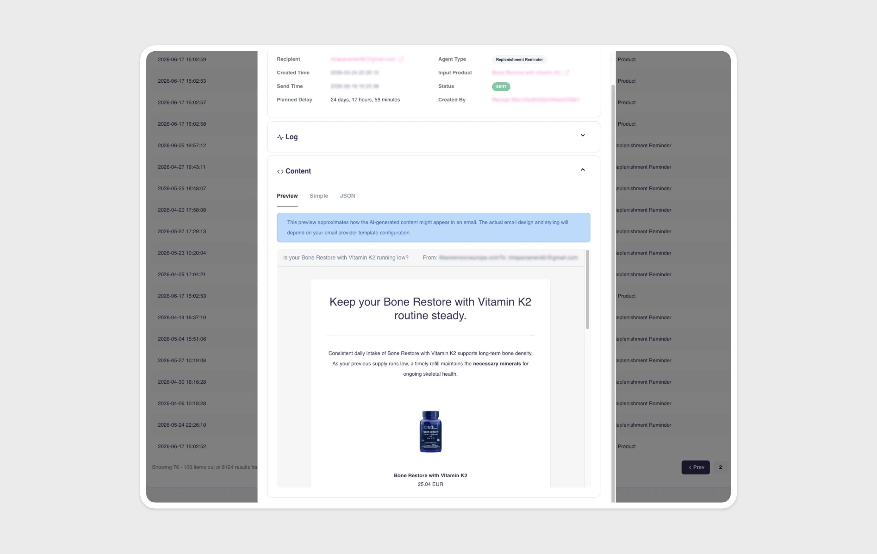 Hello Retail dashboard showing a Replenishment Agent reminder generated for a Bone Restore with Vitamin K2 product, with agent timing and delivery details