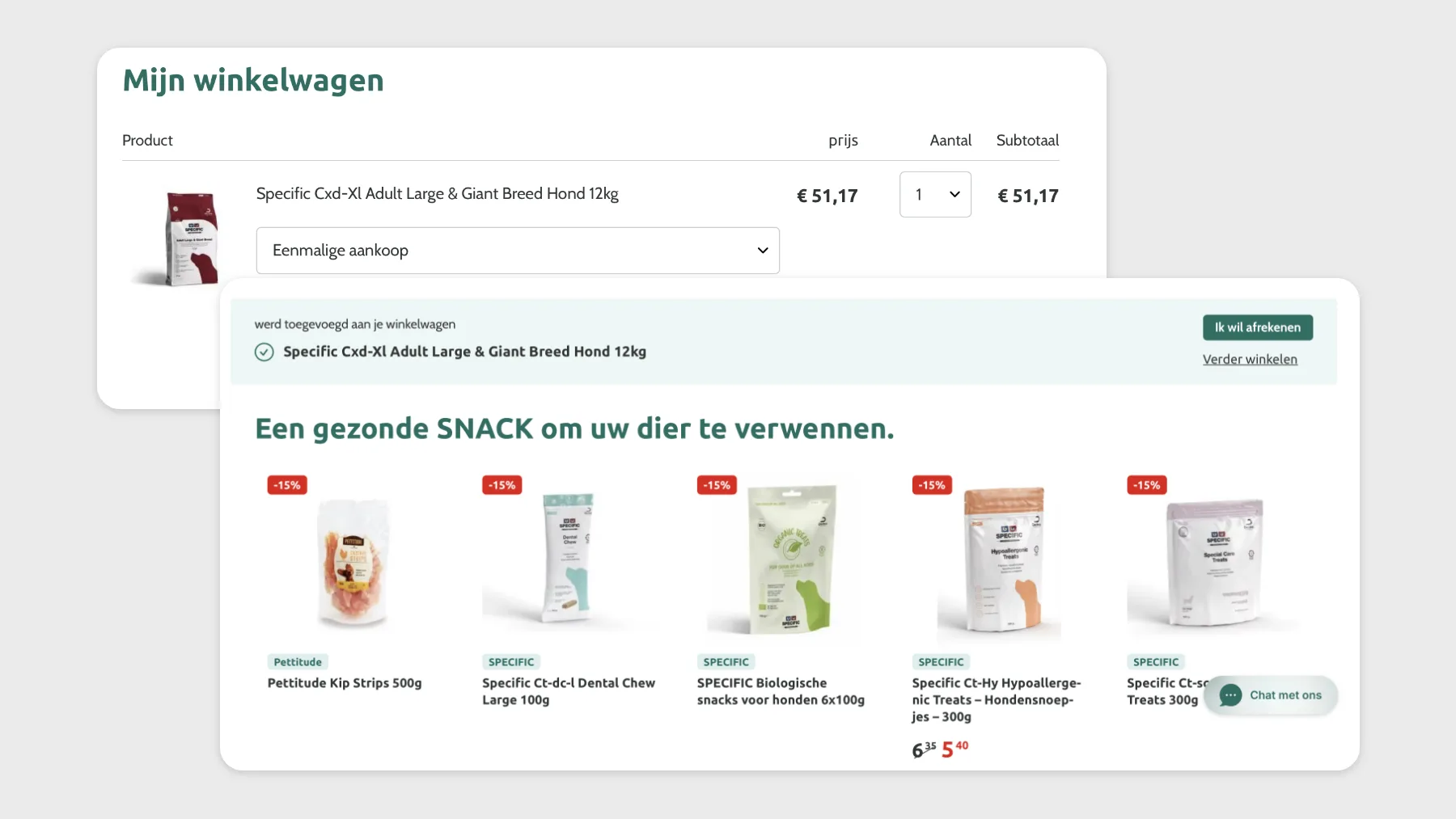 De cross-sellaanbeveling in het winkelmandje van Pharmapets met een relevant aanvullend product