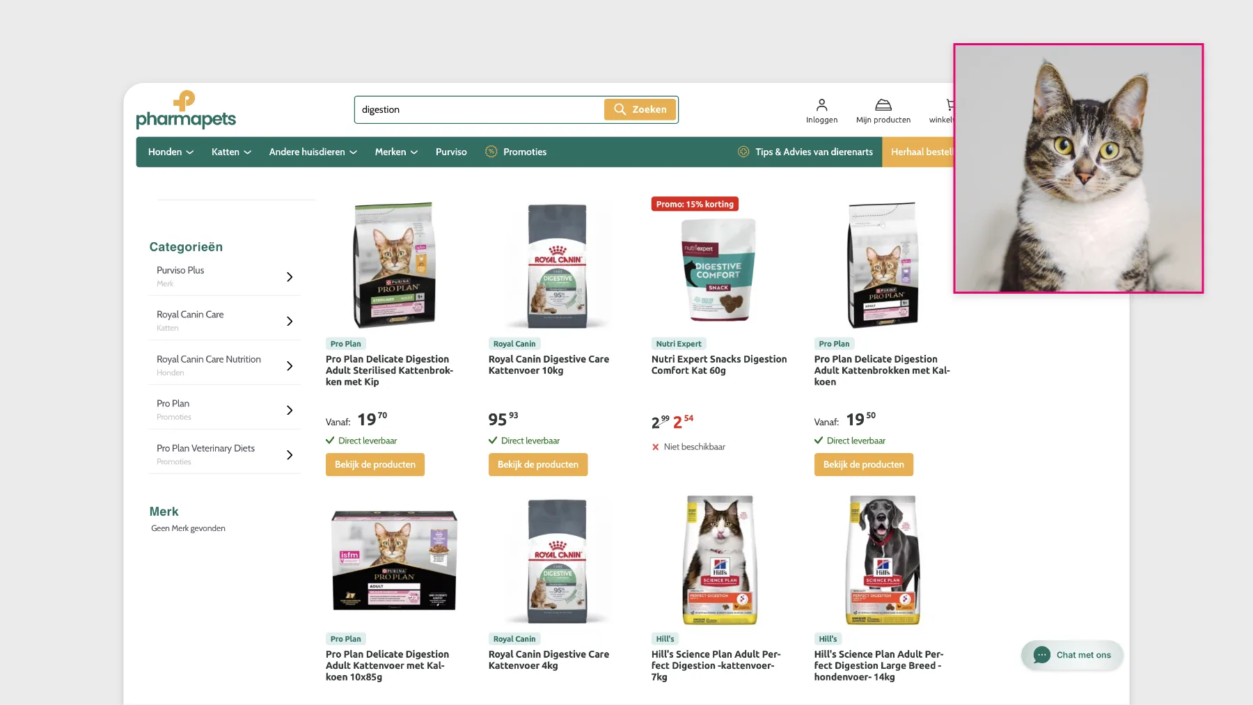 Gepersonaliseerde zoekresultaten van Pharmapets, aangepast aan het surfgedrag van de shopper