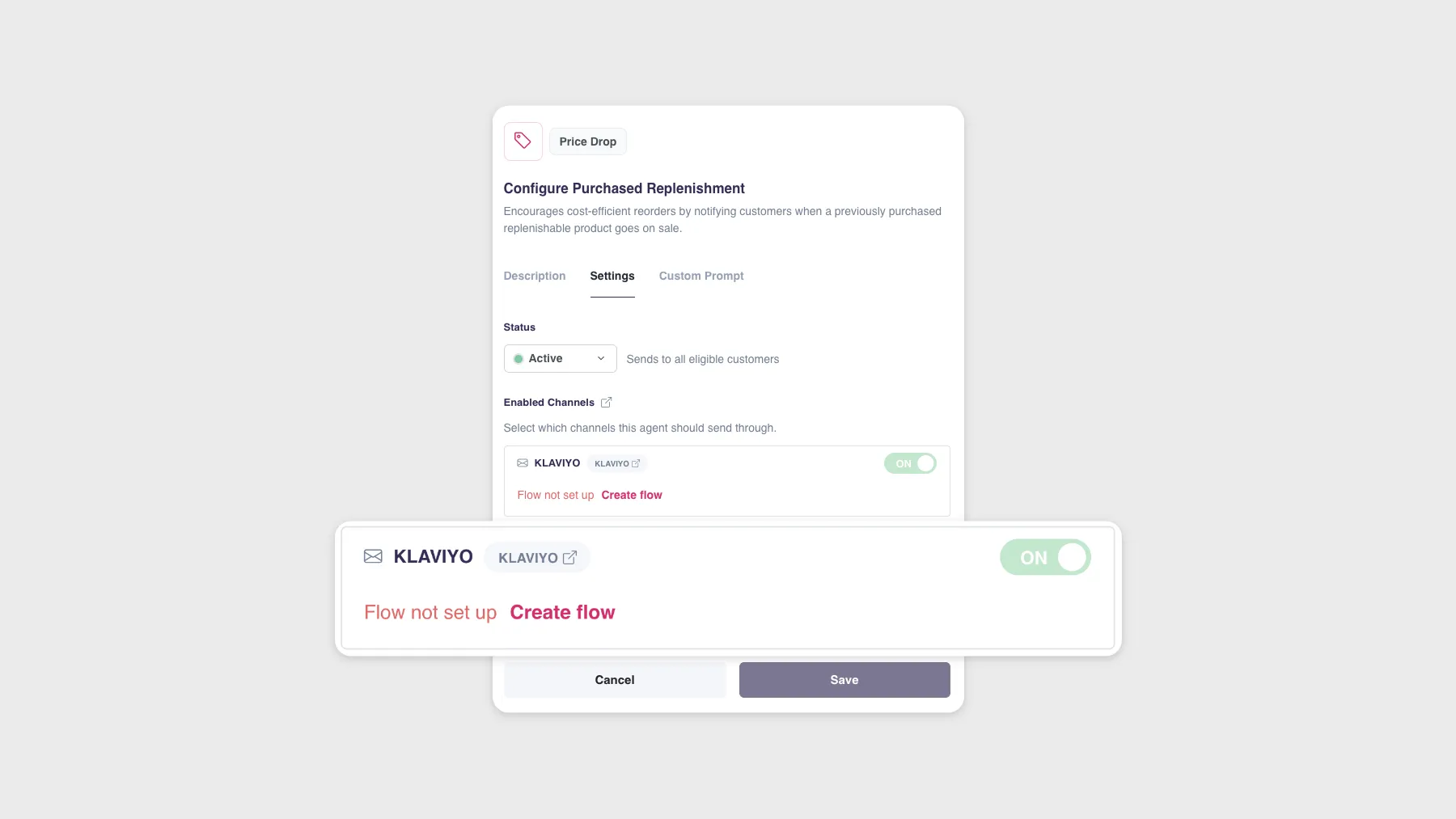 The Create flow link beside a Klaviyo channel marked Flow not set up in Product Agents settings