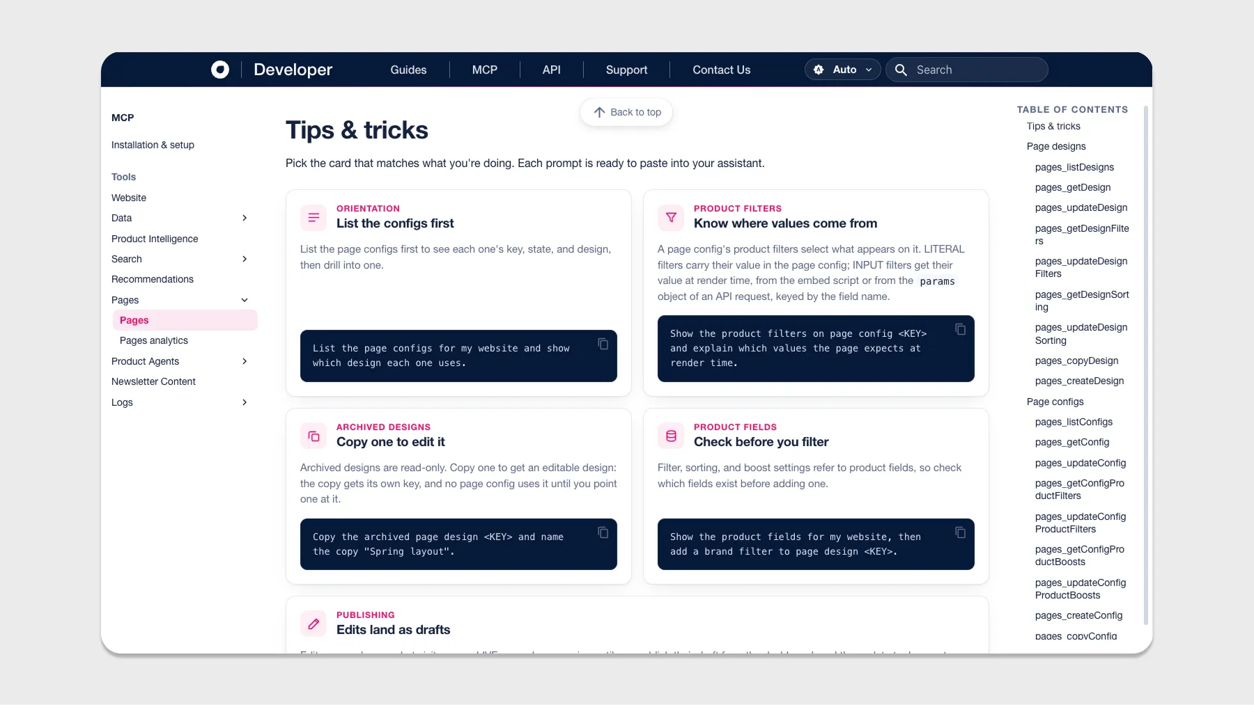 The Hello Retail developer docs MCP section, showing the Pages tips and tricks page: cards for listing page configs, product filters, archived designs, product fields, and publishing, each with a ready-to-paste prompt, alongside a sidebar listing the pages_ tools.
