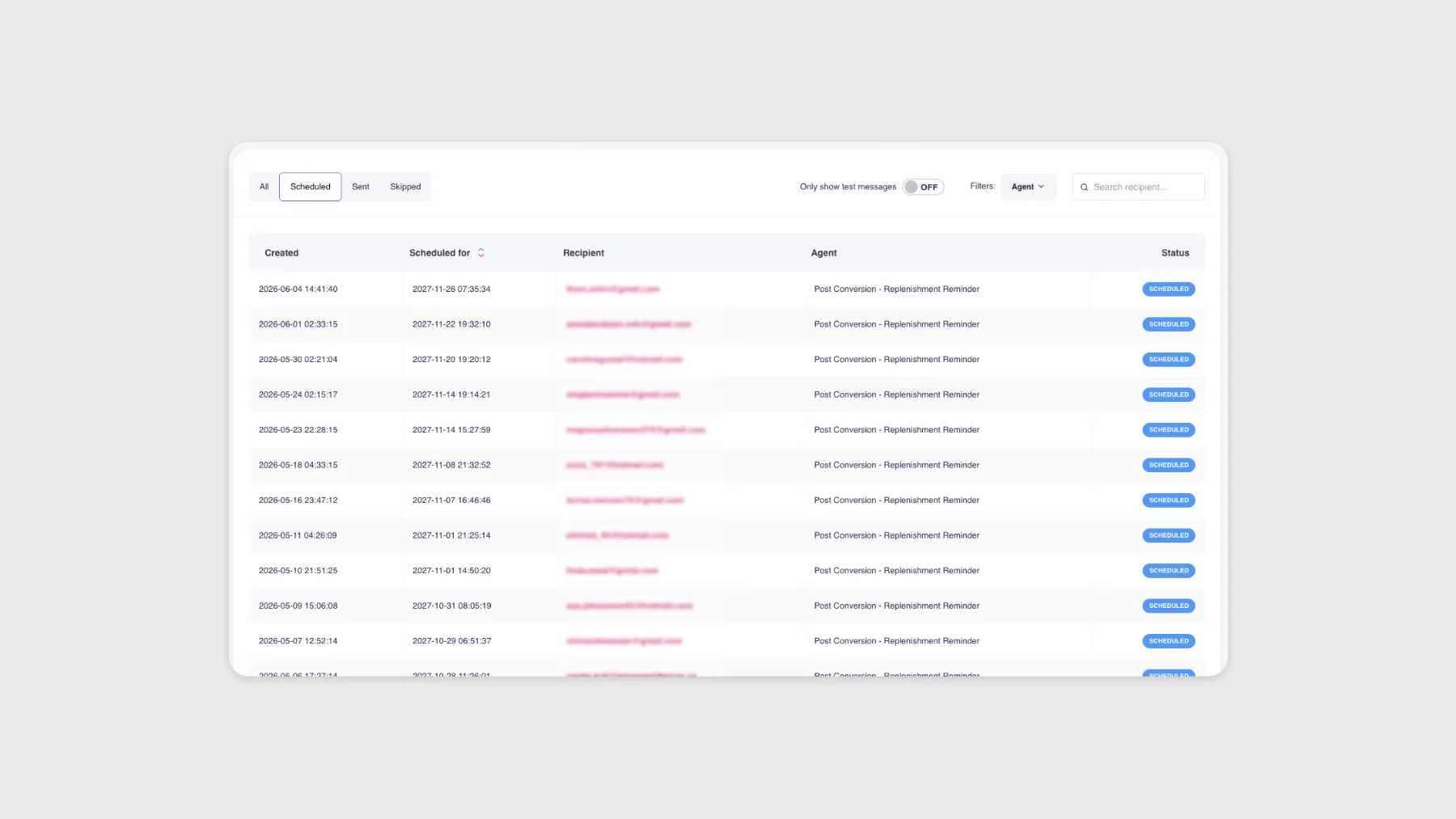 The Product Agents message overview filtered to scheduled messages, showing recipients, send times, the Replenishment Reminder agent, and a Scheduled status