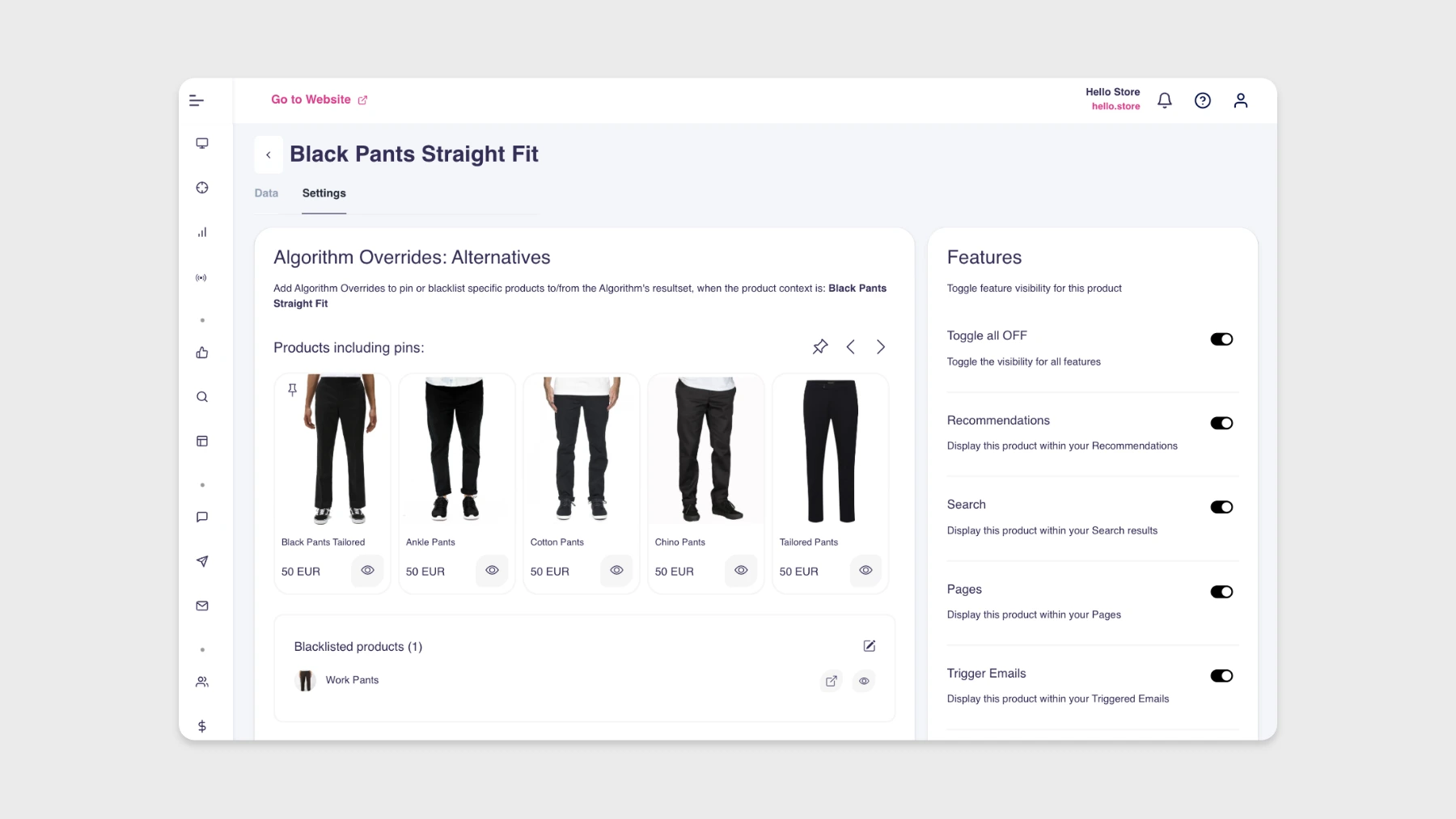 Pinning products in the Algorithm Overrides section of a product's settings