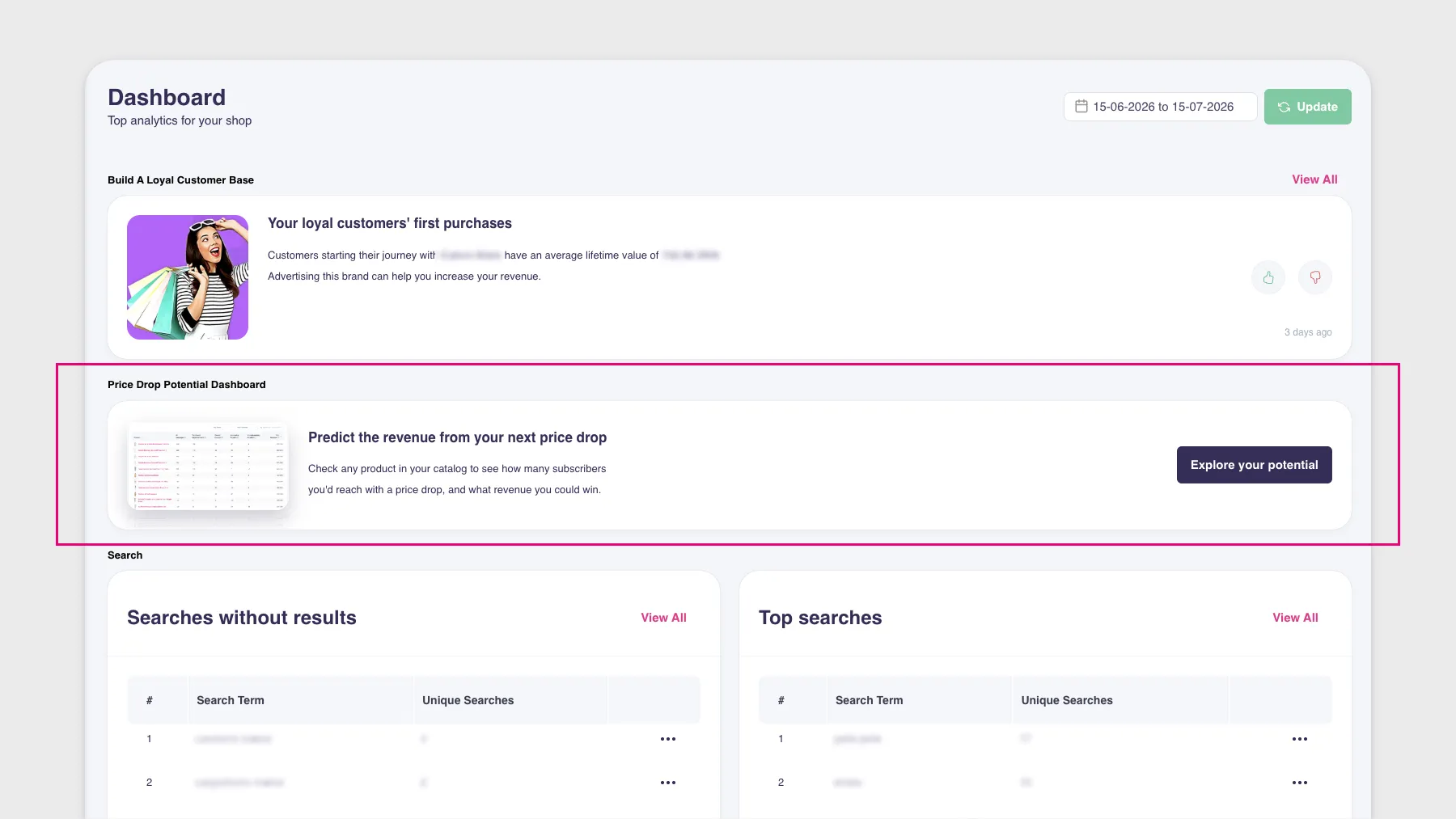 Price Drop Potential dashboard showing estimated reach and revenue per product for a store without a Product Agents subscription