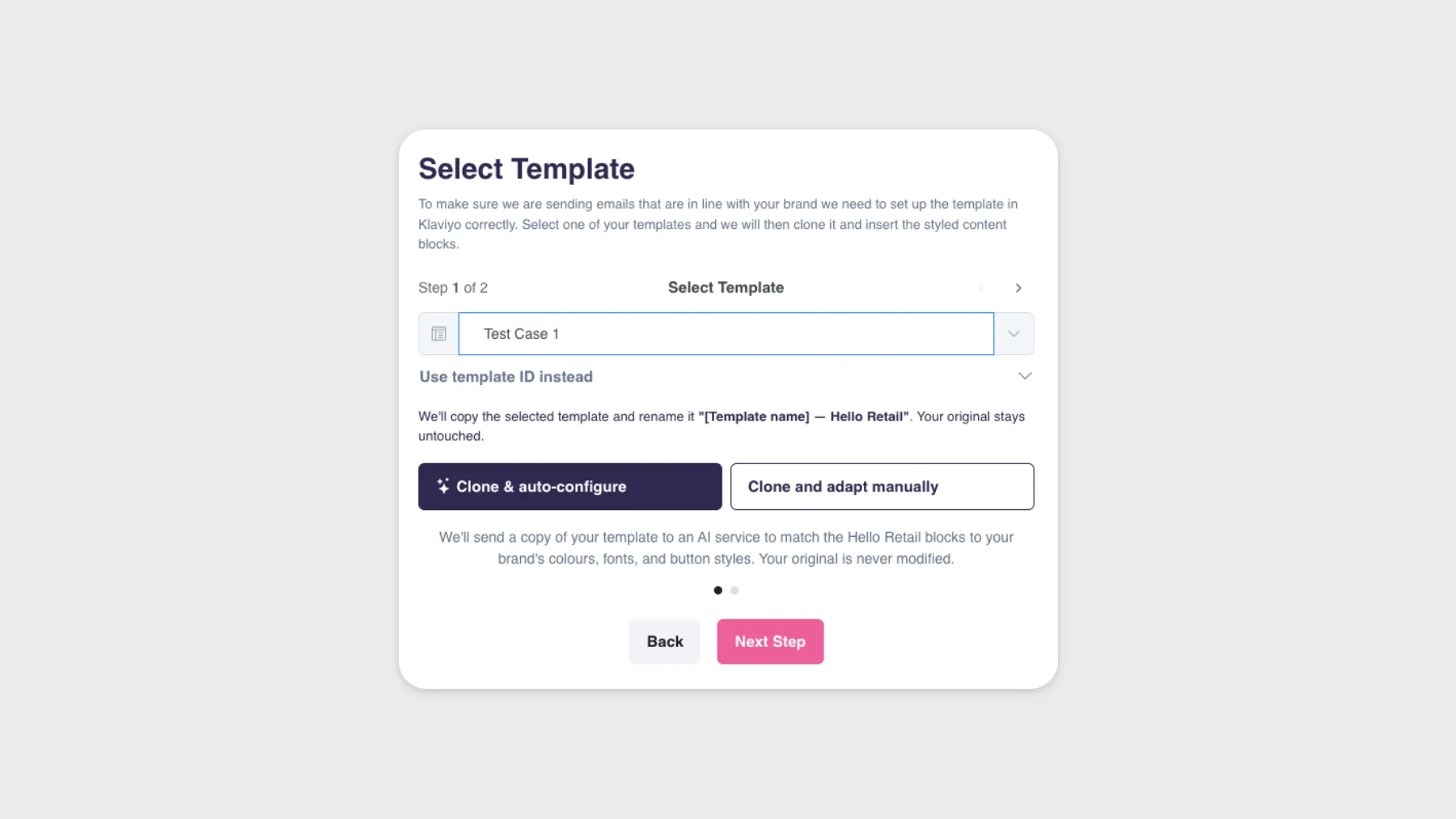 The Select Template step in Product Agents, offering Clone and auto-configure or Clone and adapt manually for a chosen Klaviyo template