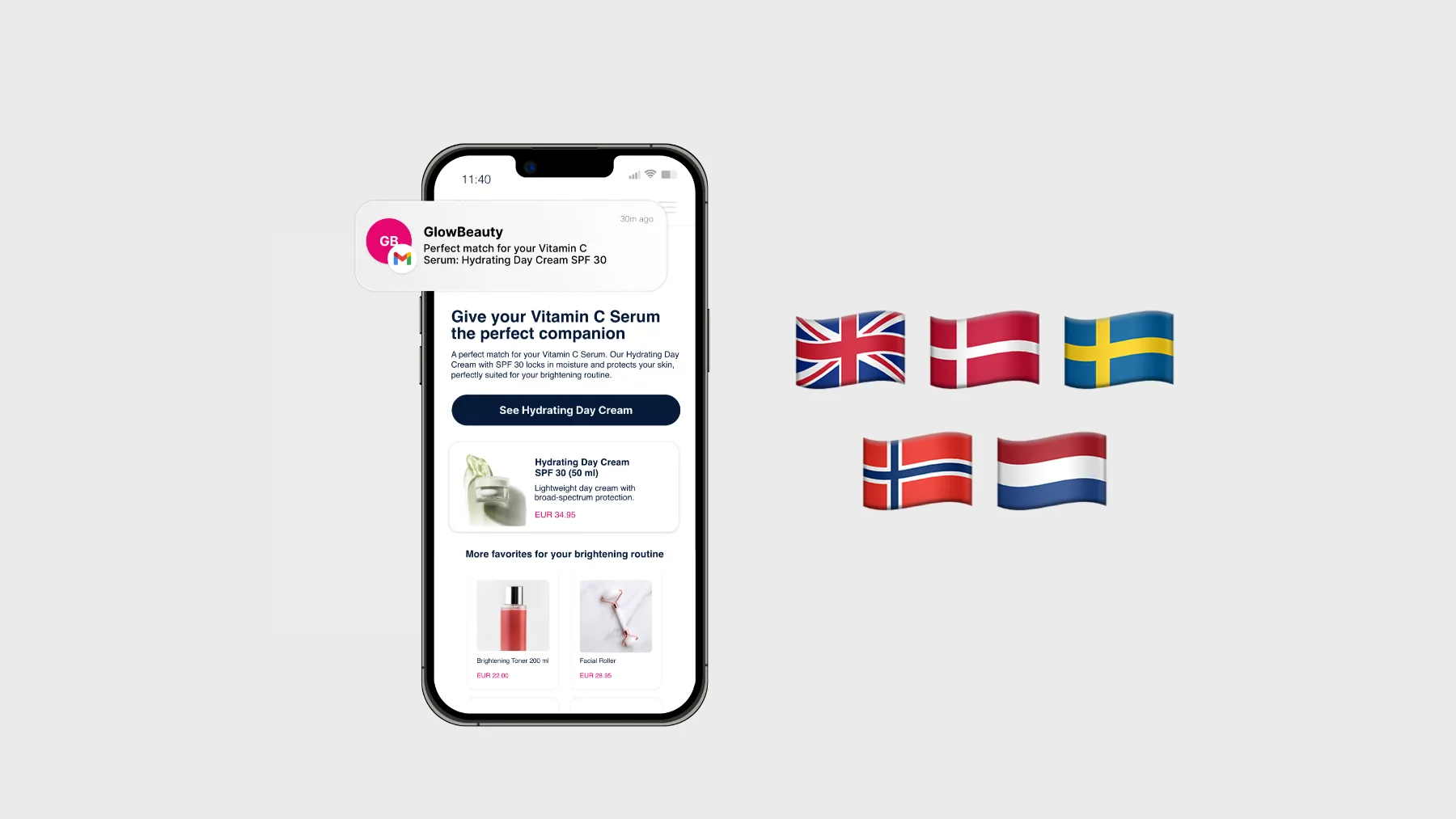 A Product Agents email shown on a phone, with subject line, preview text, body copy, and a call-to-action button, beside flags for English, Danish, Swedish, Norwegian, and Dutch