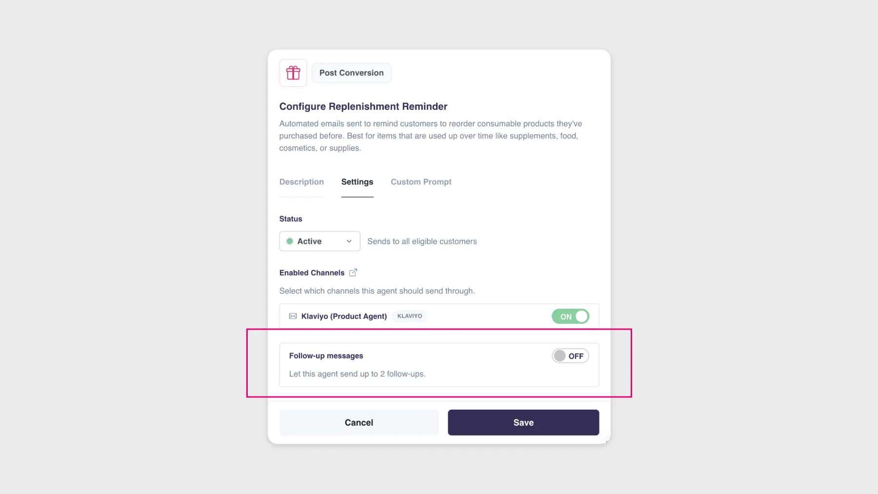 The Settings tab for a Product Agent, with the Follow-up messages toggle that lets the agent send up to two follow-ups