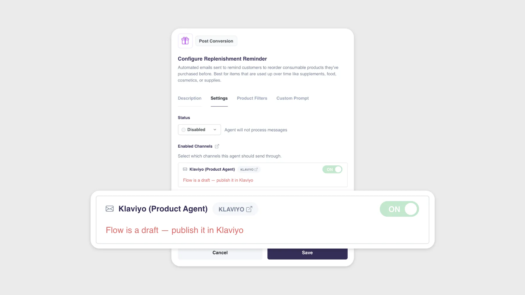 The Settings tab of a Product Agent, with a warning under the Klaviyo channel saying the connected flow is a draft and needs publishing in Klaviyo