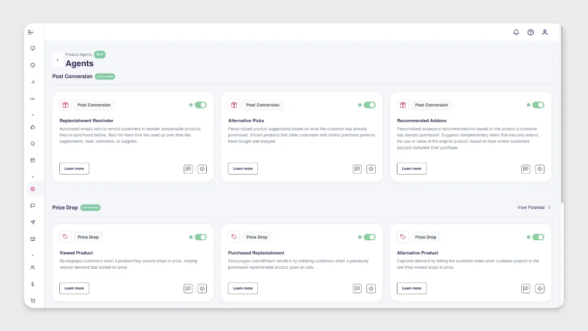 Product Agents dashboard showing scheduled, sent, and skipped messages