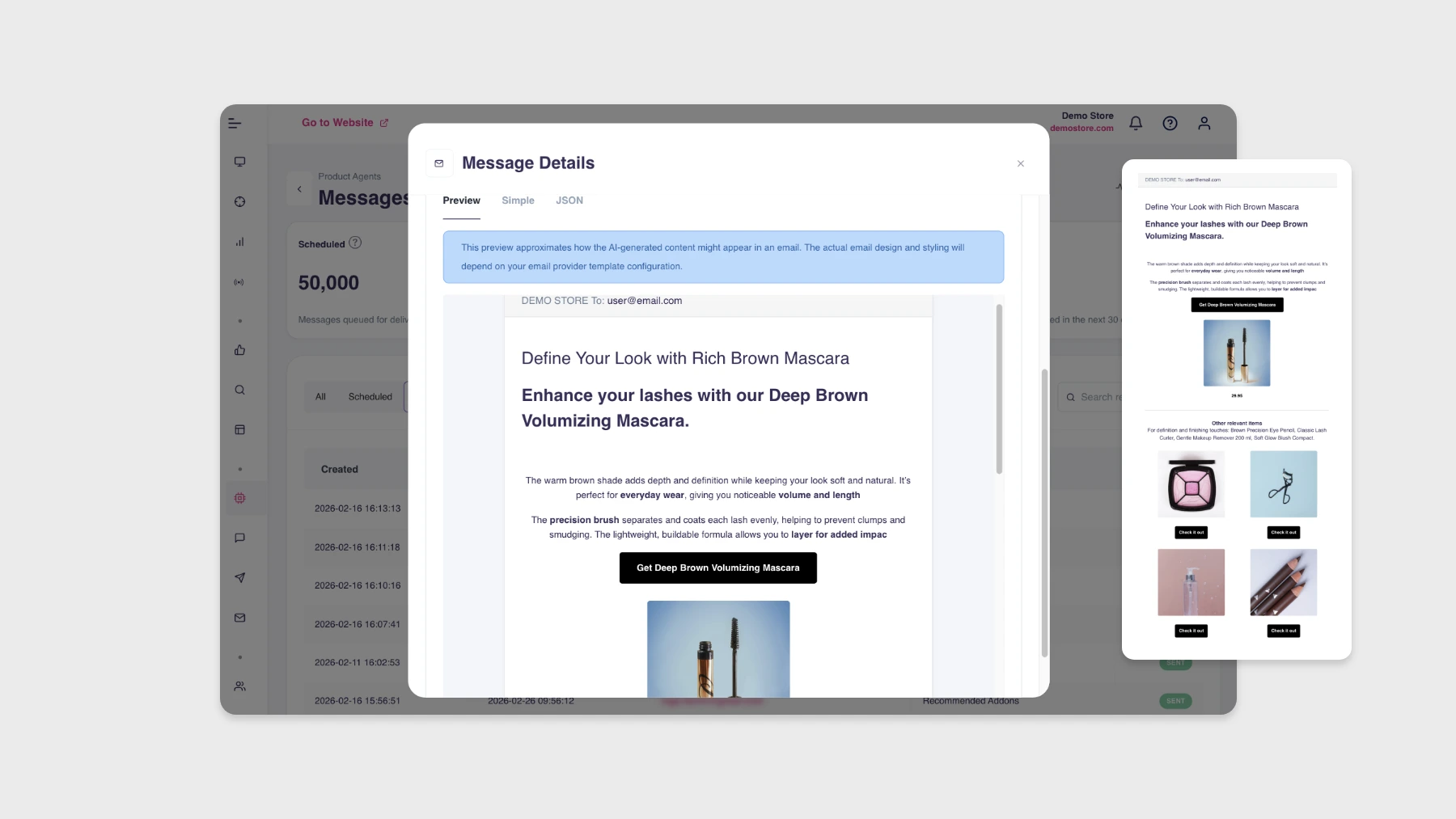 Preview tab for sent Product Agents messages alongside Simple and JSON views