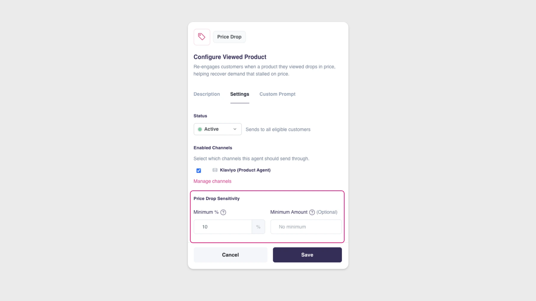 Price Drop sensitivity controls in Product Agents settings