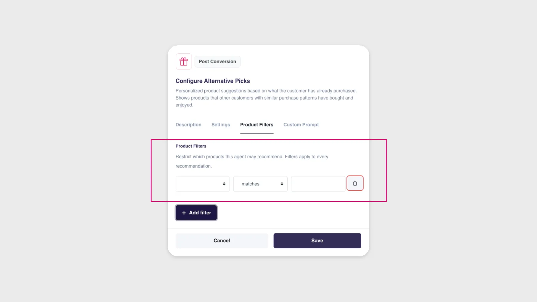 The Product Filters tab on a Product Agent, showing a filter rule row and an Add filter button that restrict which products the agent may recommend