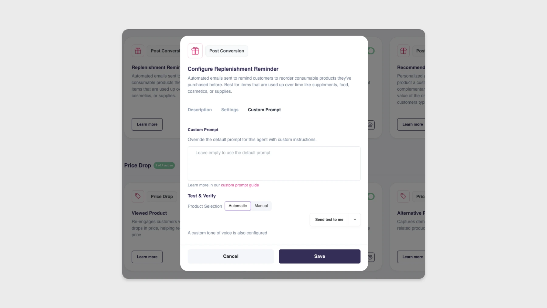 Send test email controls inside Product Agents settings