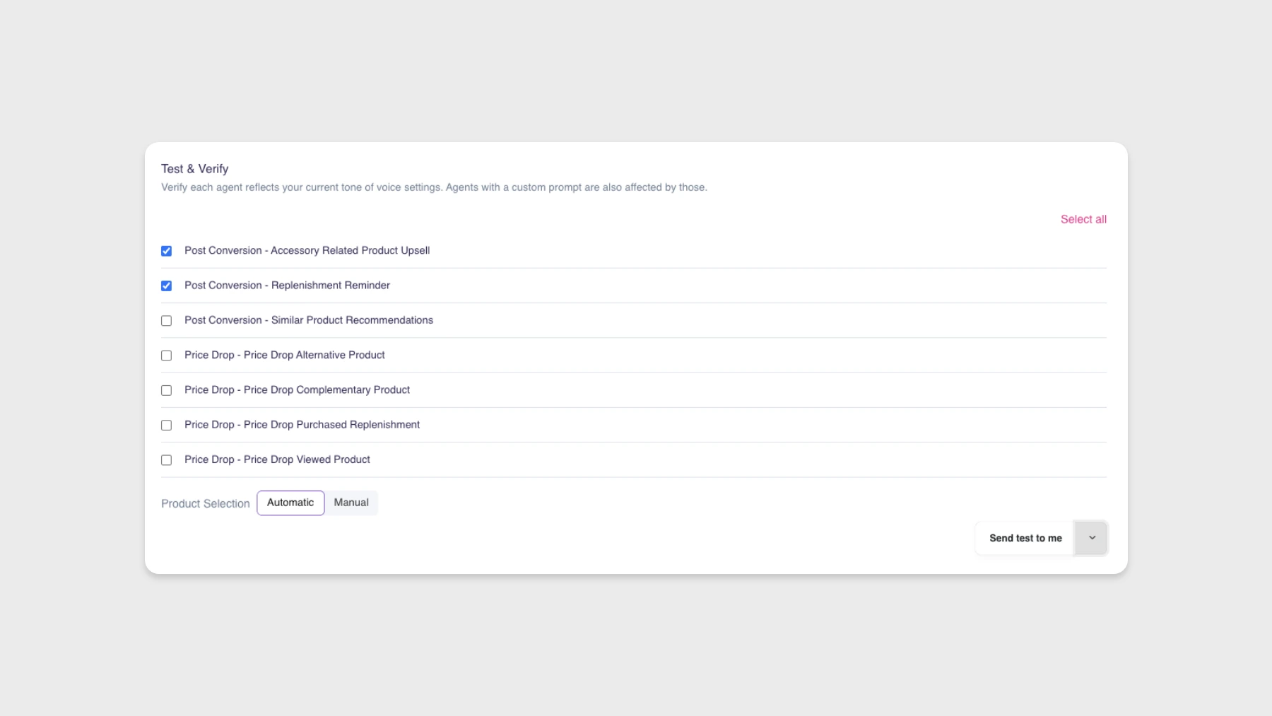 Send test email action inside Product Agents settings