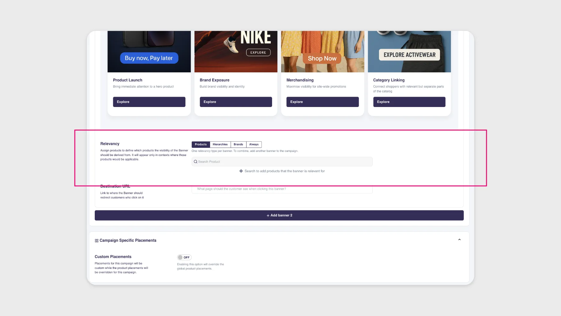 The Relevancy section of the Retail Media campaign editor, with Products, Hierarchies, Brands and Always shown as mutually exclusive options above a search field