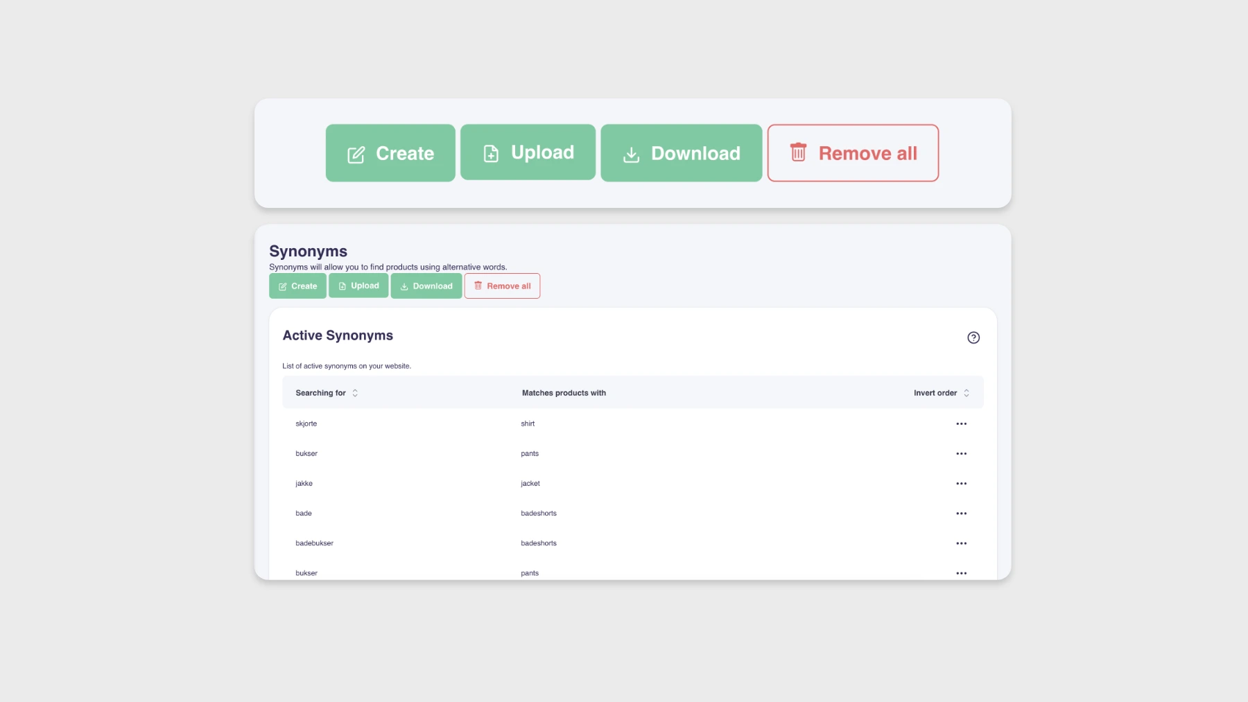 Download synonyms action inside Hello Retail Search settings