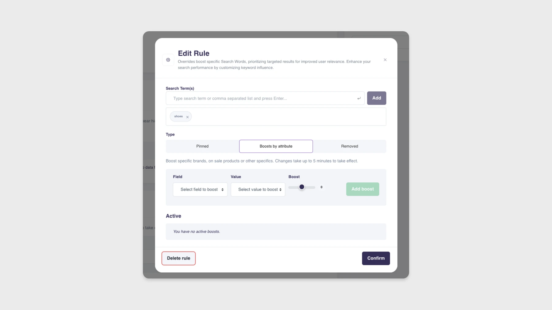 Search Word Boosts configuration inside the Hello Retail Search Engine settings