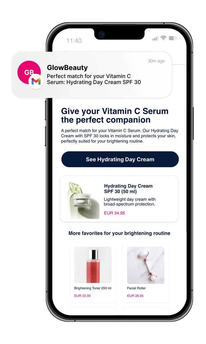Phone showing a personalized product recommendation email