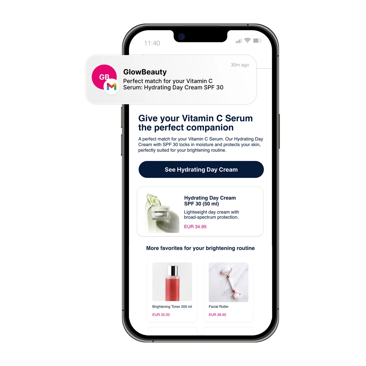 Phone showing a personalized product recommendation email