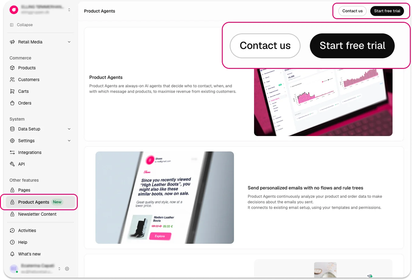 The Product Agents page in a Hello Retail account, with Product Agents highlighted in the menu and the Start free trial button highlighted at the top right.