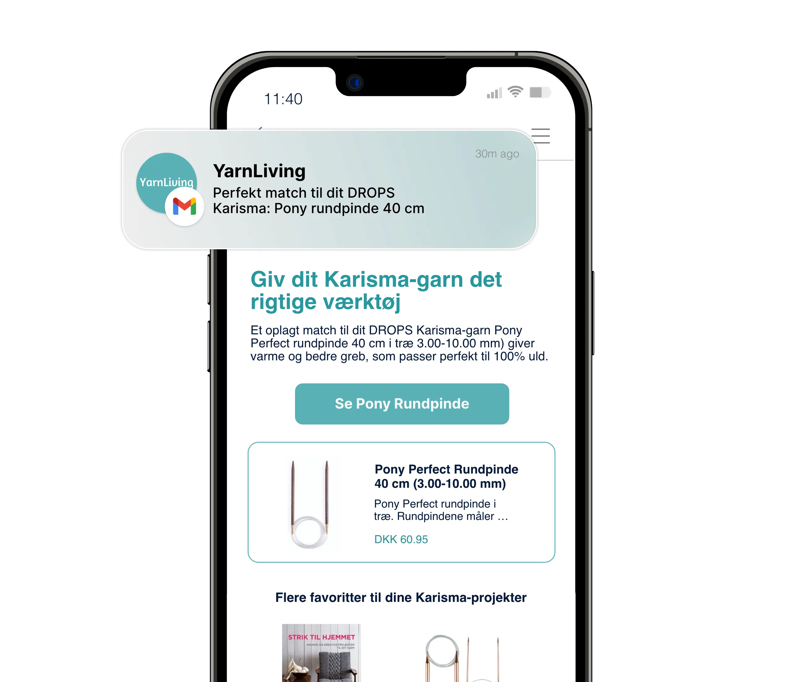YarnLiving mobile app showing personalized product recommendations
